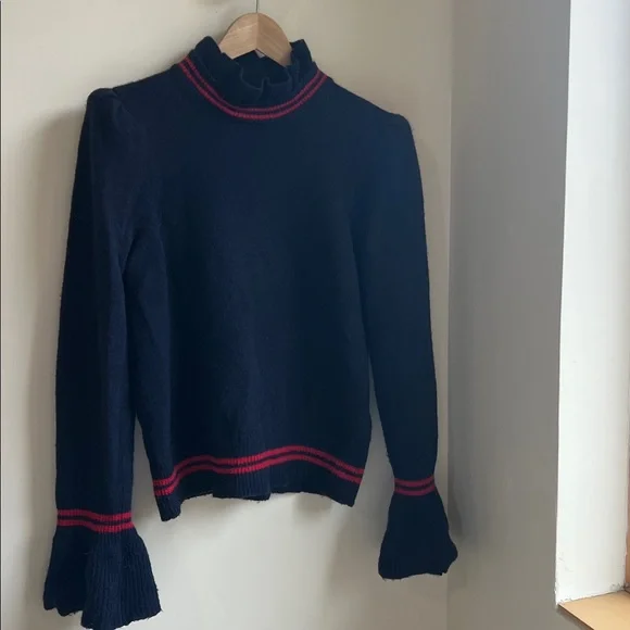 Sandro Paris Navy and red striped Sweater with Ruffle Collar and sleeves. - Picture 2 of 7